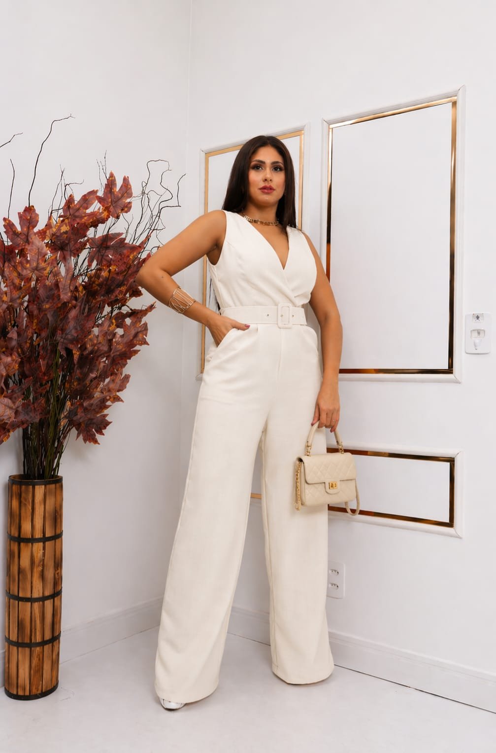 Macacão Feminino Pantalona Em Linhão Com Cinto E Zíper Invisível Elegante M G GG - Imagem 10