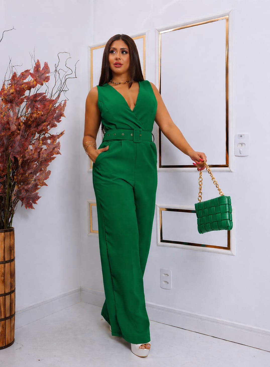 Macacão Feminino Pantalona Em Linhão Com Cinto E Zíper Invisível Elegante M G GG - Imagem 12