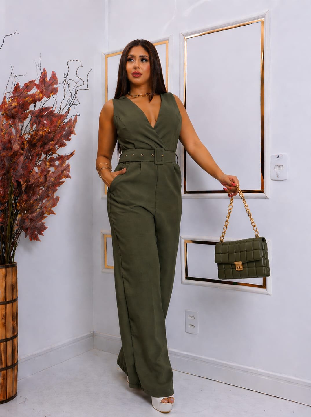 Macacão Feminino Pantalona Em Linhão Com Cinto E Zíper Invisível Elegante M G GG - Imagem 8