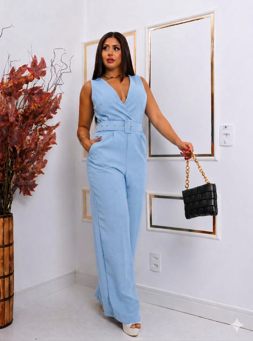 Macacão Feminino Pantalona Em Linhão Com Cinto E Zíper Invisível Elegante M G GG - Imagem 5