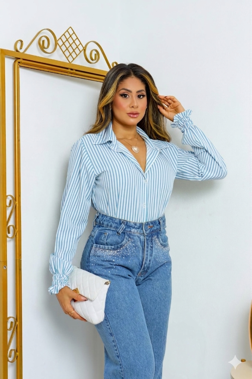 Camisa Feminina Listrada Crepinho Katarina Collections com Punho Babado e Elastano M/G/GG R$ 49,00 - Imagem 5