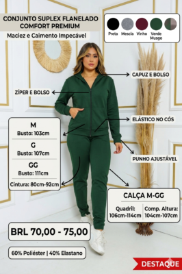 Conjunto Suplex Flanelado Comfort Premium Calça e Blusa Capuz Zíper e Bolso Moda Outono-Inverno Casual-Chique Vários Tamanhos M/G/GG