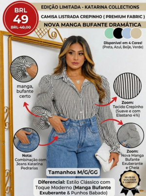 Camisa Feminina Listrada Crepinho Katarina Collections com Punho Babado e Elastano M/G/GG R$ 49,00