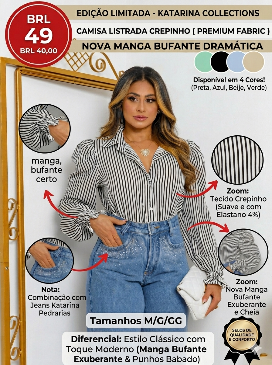 Camisa Feminina Listrada Crepinho Katarina Collections com Punho Babado e Elastano M/G/GG R$ 49,00