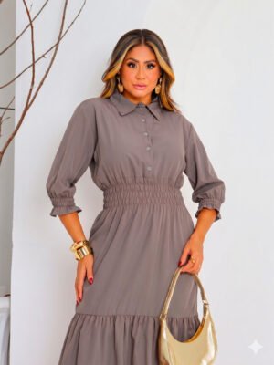 Vestido Longo Crepinho Premium Manga 3/4 Bufante - Elastex na Cintura (M ao GG) - Cores de Outono