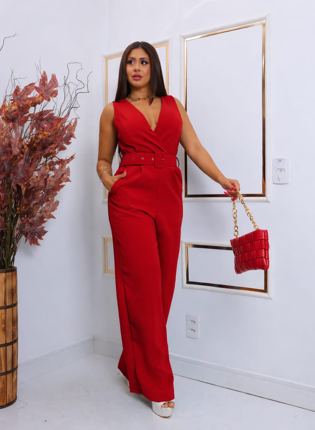 Macacão Feminino Pantalona Em Linhão Com Cinto E Zíper Invisível Elegante M G GG - Imagem 9